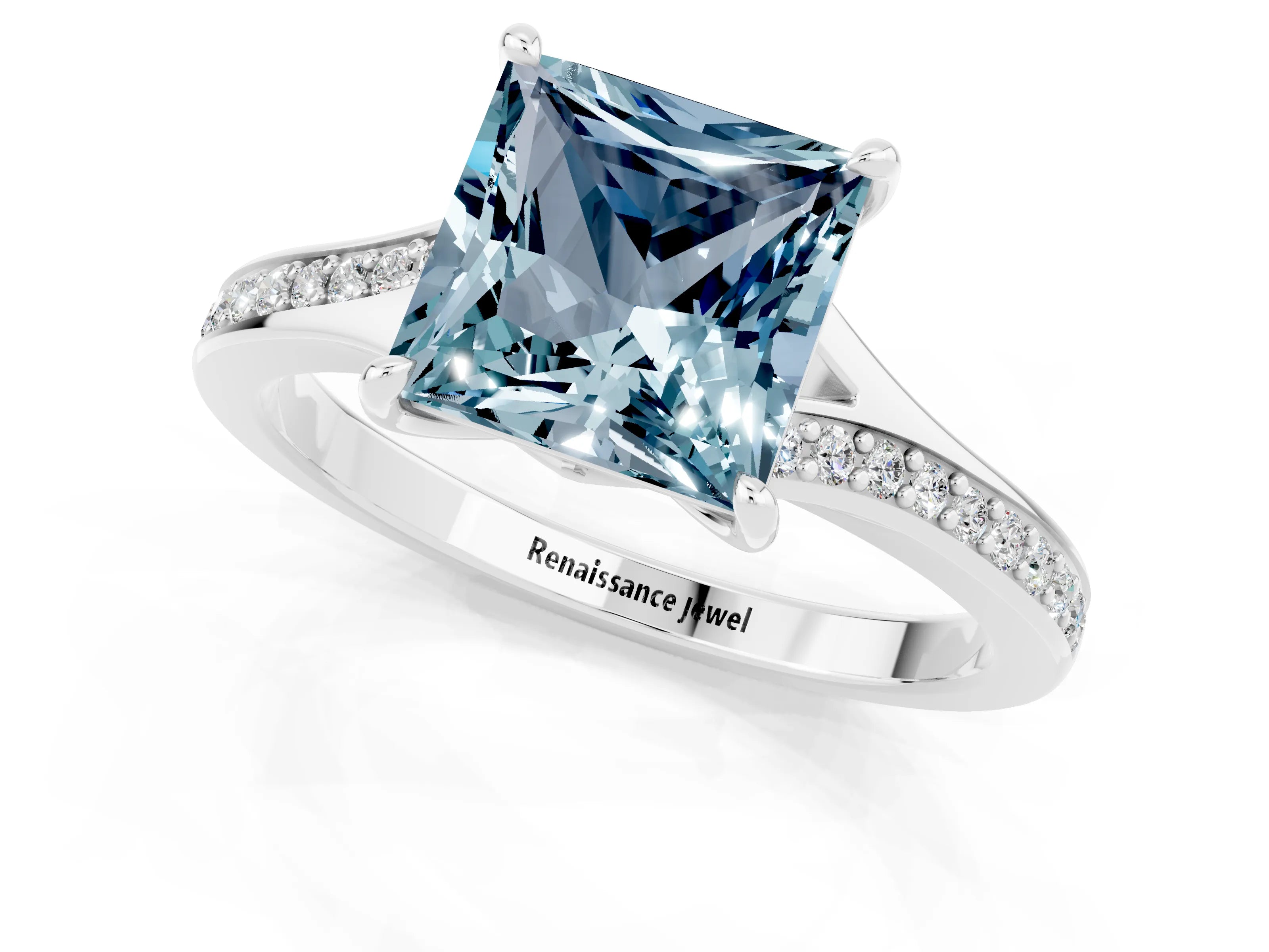 White gold Princess Cut Aquamarine Solitaire Ring with Pavé Band and Prong Setting_13