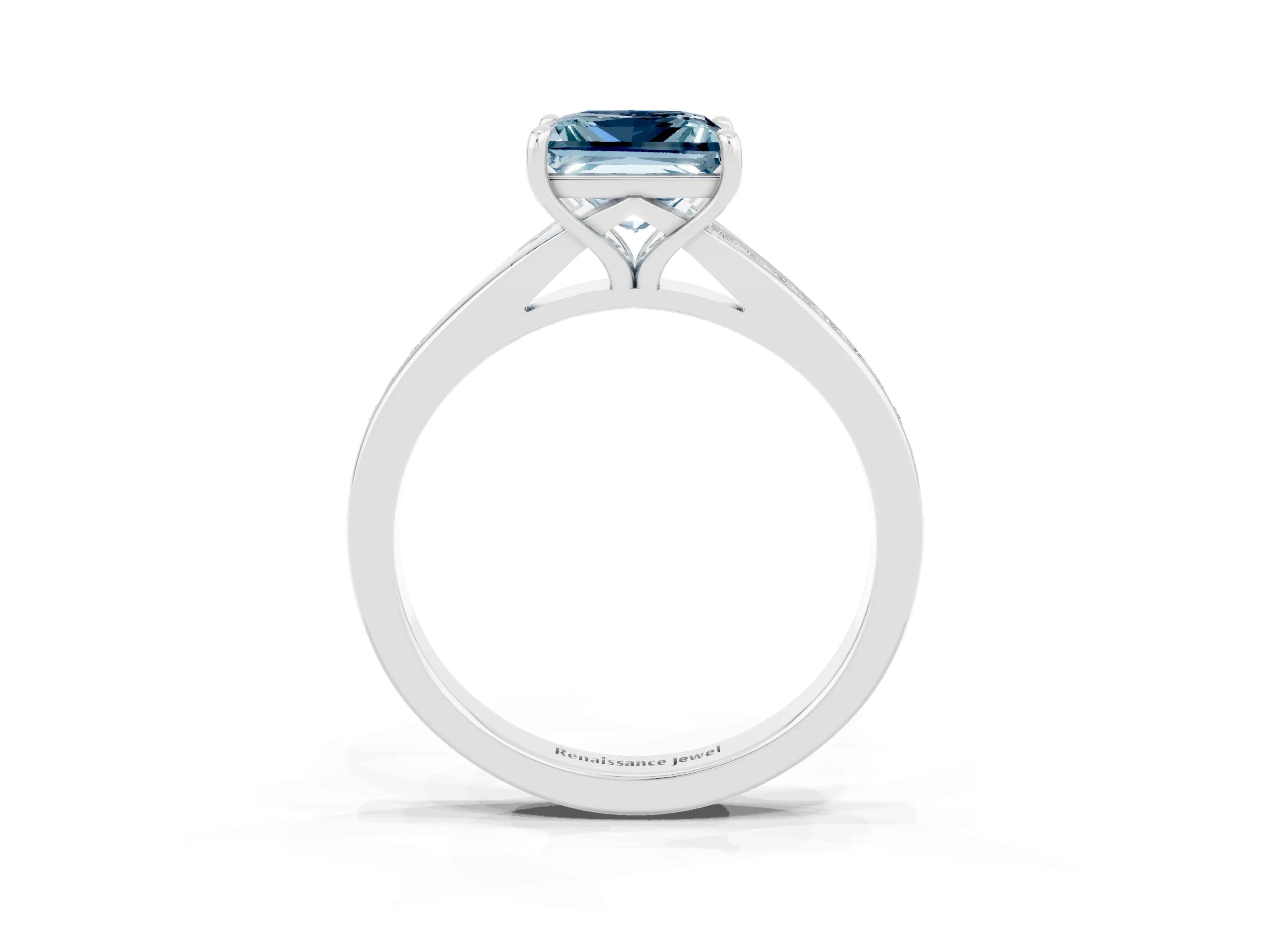 White gold Princess Cut Aquamarine Solitaire Ring with Pavé Band and Prong Setting_15