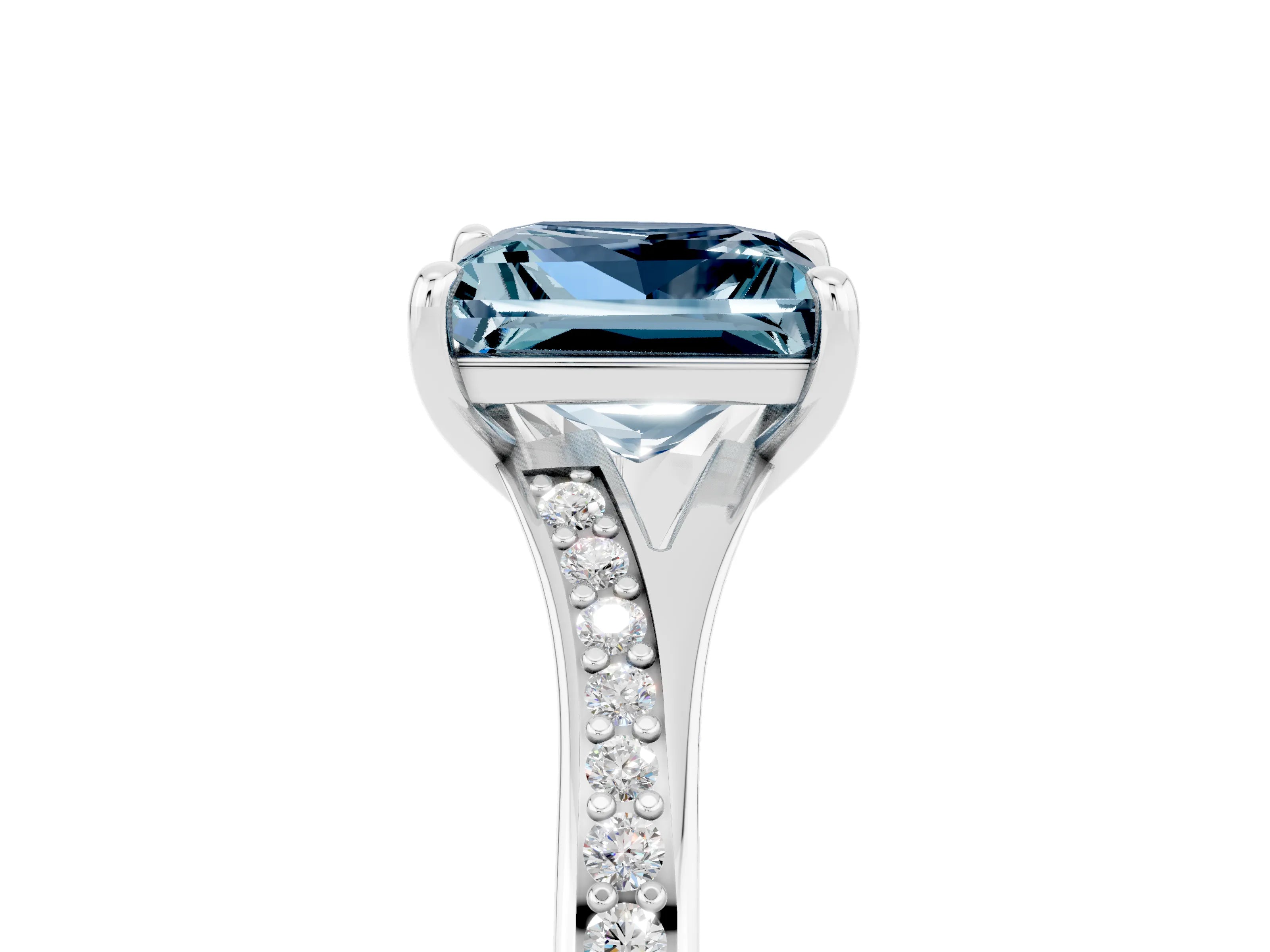 White gold Princess Cut Aquamarine Solitaire Ring with Pavé Band and Prong Setting_17