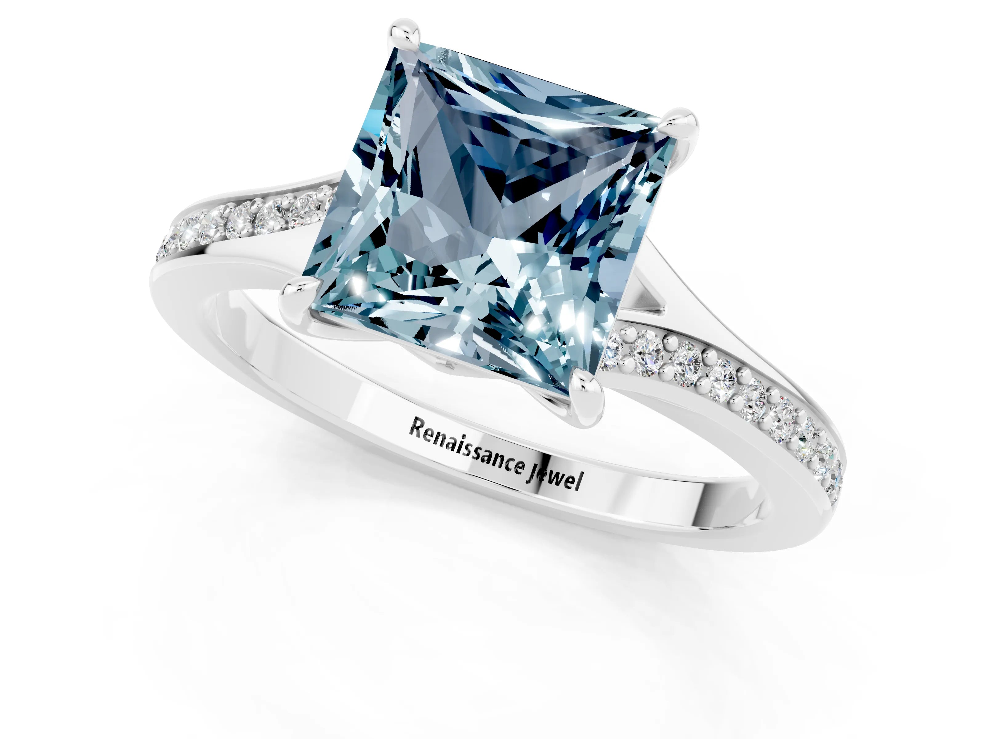 White gold Princess Cut Aquamarine Solitaire Ring with Pavé Band and Prong Setting_1
