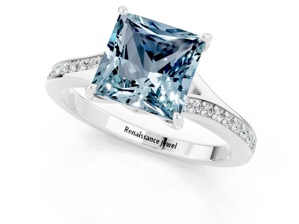 Silver Princess Cut Aquamarine Solitaire Ring with Pavé Band and Prong Setting