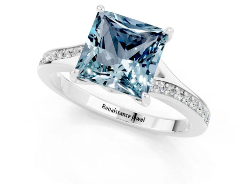 White gold Princess Cut Aquamarine Solitaire Ring with Pavé Band and Prong Setting_1