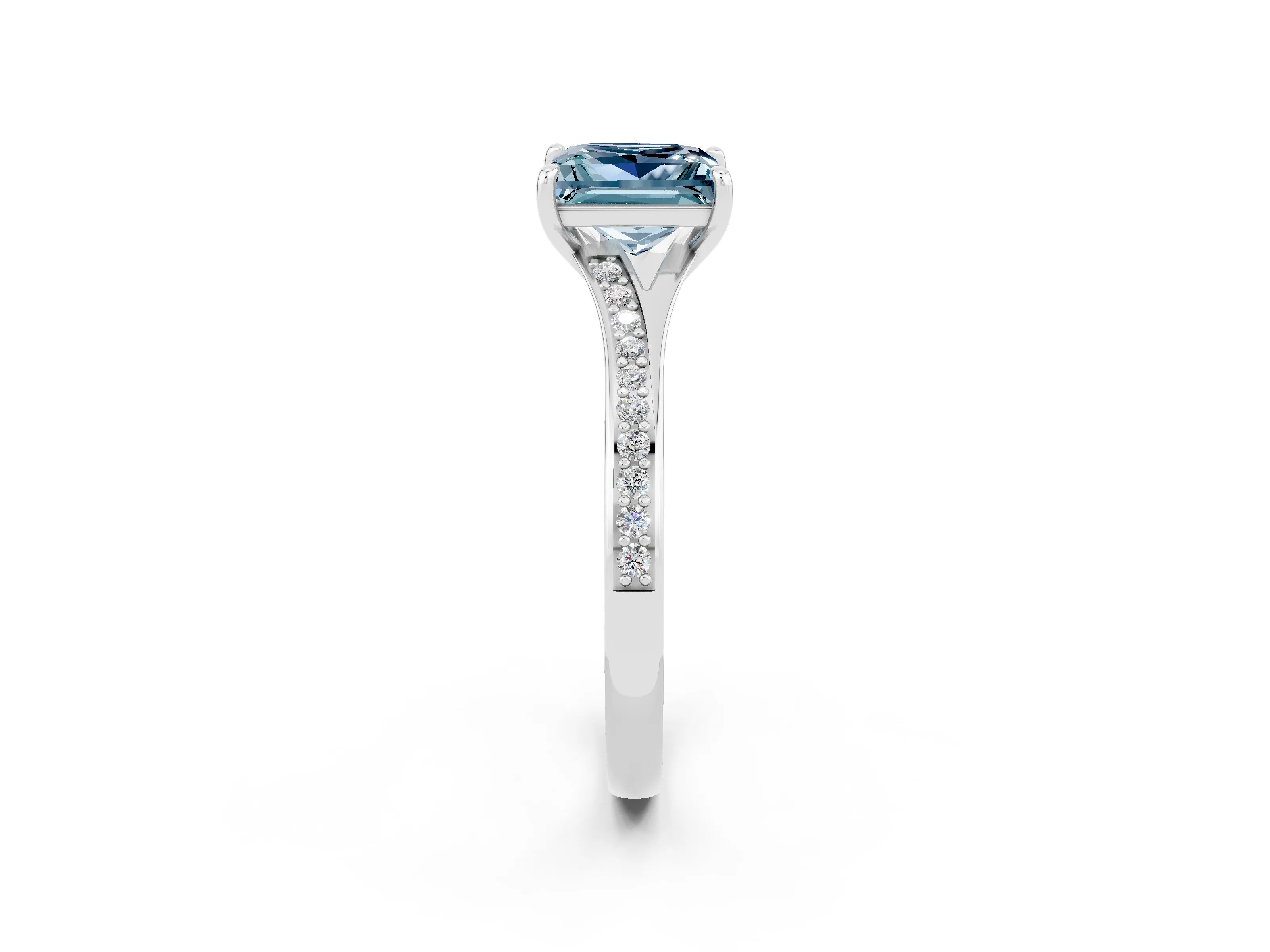 White gold Princess Cut Aquamarine Solitaire Ring with Pavé Band and Prong Setting_2