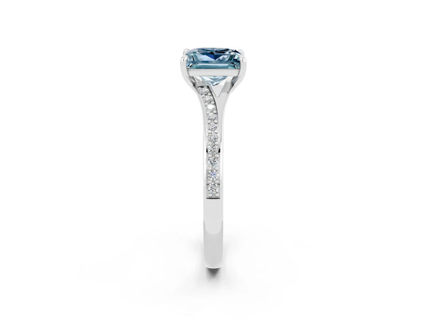 White gold Princess Cut Aquamarine Solitaire Ring with Pavé Band and Prong Setting
