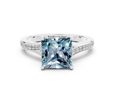 White gold Princess Cut Aquamarine Solitaire Ring with Pavé Band and Prong Setting