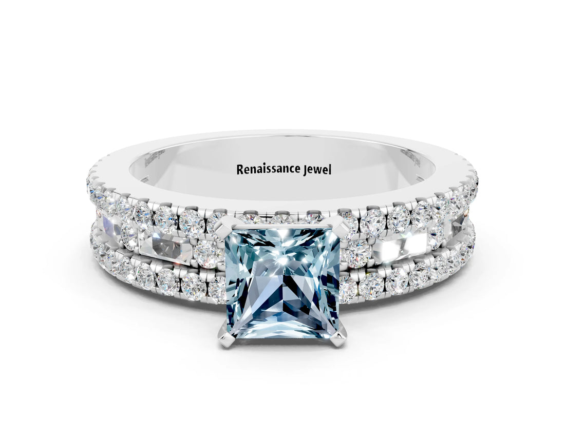 White gold Princess Cut Aquamarine Solitaire Ring with Pavé and Channel Set Band