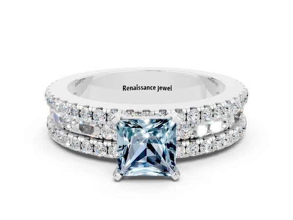 Platinum Princess Cut Aquamarine Solitaire Ring with Pavé and Channel Set Band