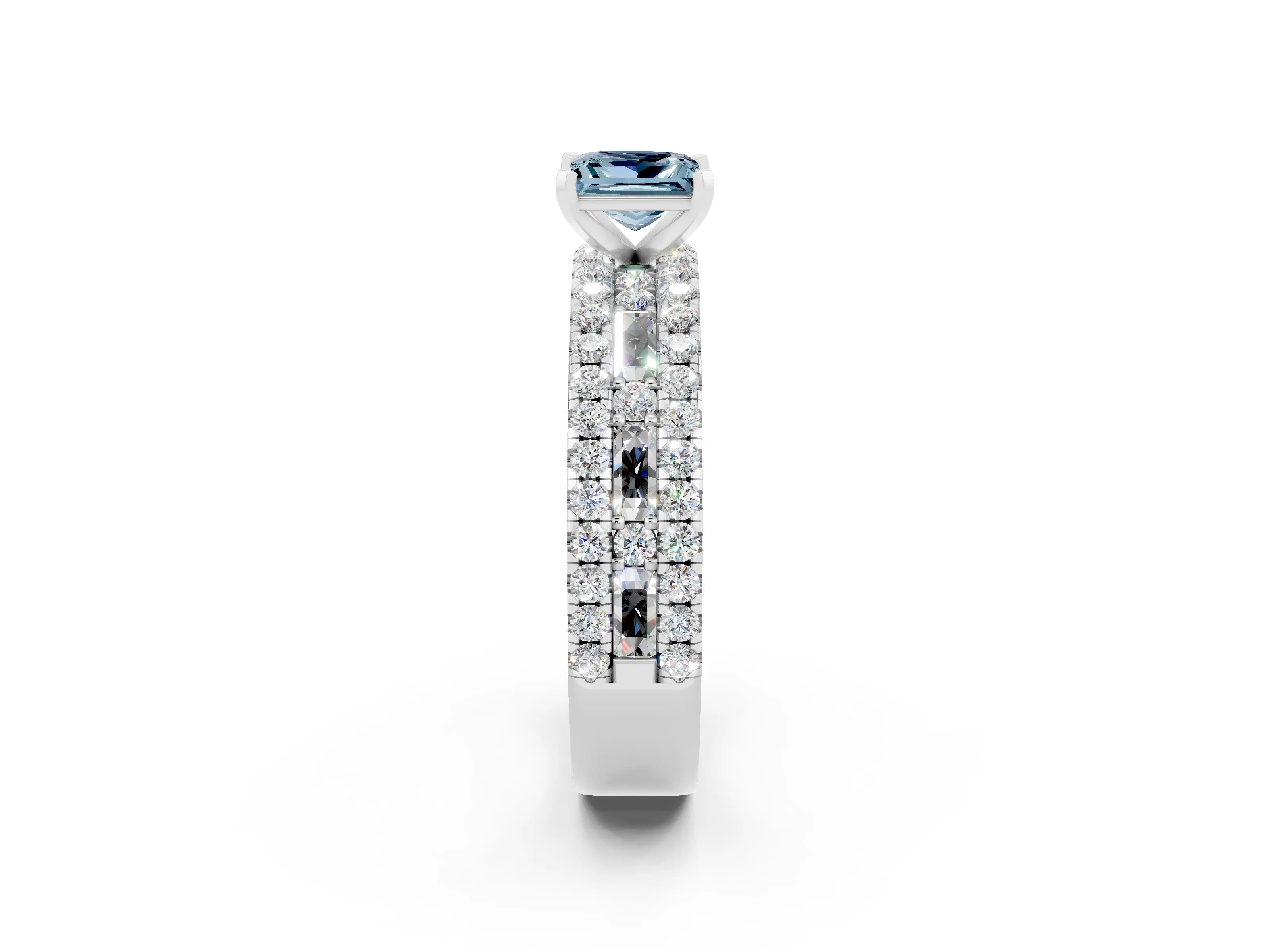 White gold Princess Cut Aquamarine Solitaire Ring with Pavé and Channel Set Band_2