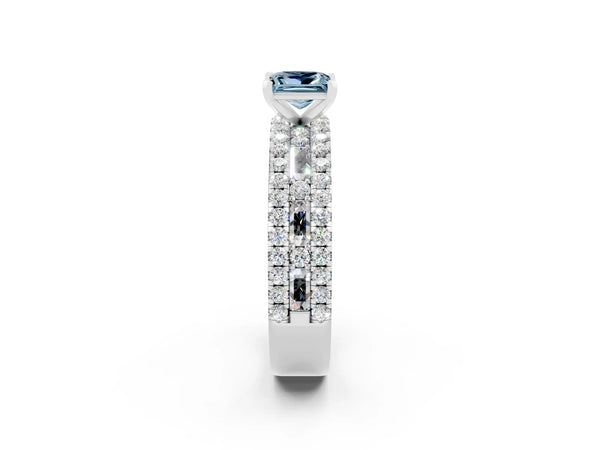 Platinum Princess Cut Aquamarine Solitaire Ring with Pavé and Channel Set Band
