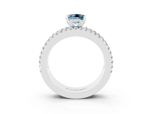 Silver Princess Cut Aquamarine Solitaire Ring with Pavé and Channel Set Band