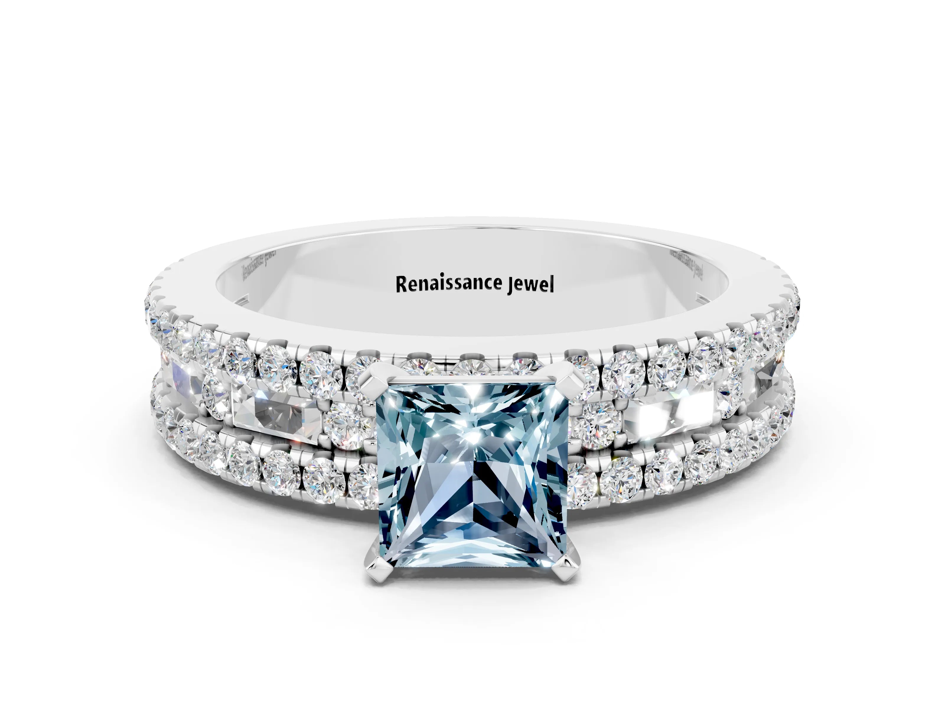 White gold Princess Cut Aquamarine Solitaire Ring with Pavé and Channel Set Band