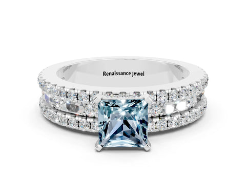 White gold Princess Cut Aquamarine Solitaire Ring with Pavé and Channel Set Band
