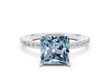 White gold Princess Cut Aquamarine Solitaire Ring with Pave Band and Four Prong Setting_12