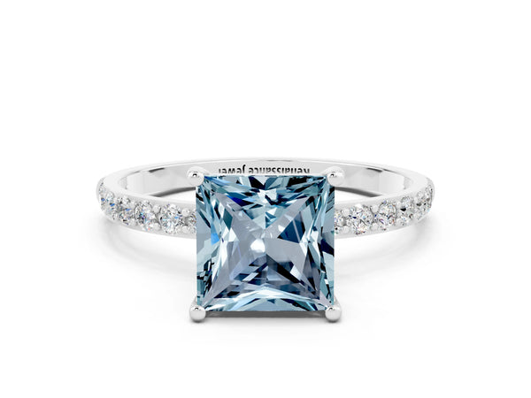 Silver Princess Cut Aquamarine Solitaire Ring with Round  Pavé Band and Prong Setting
