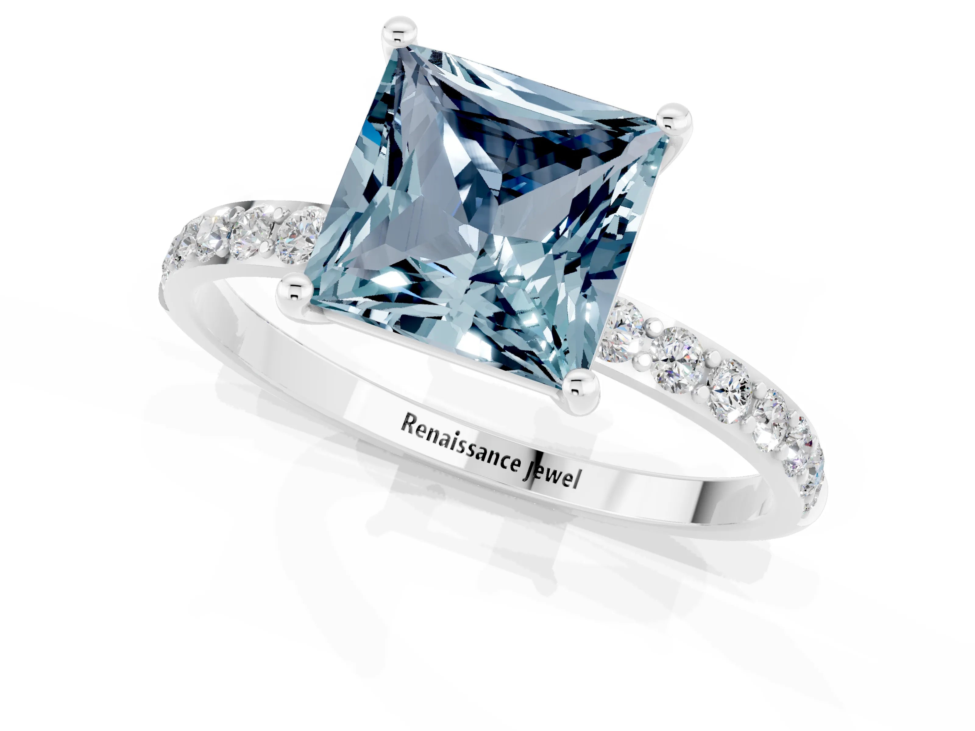 White gold Princess Cut Aquamarine Solitaire Ring with Pave Band and Four Prong Setting_13