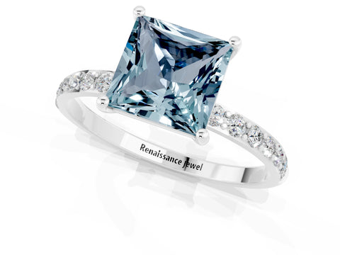 White gold Princess Cut Aquamarine Solitaire Ring with Pave Band and Four Prong Setting_13