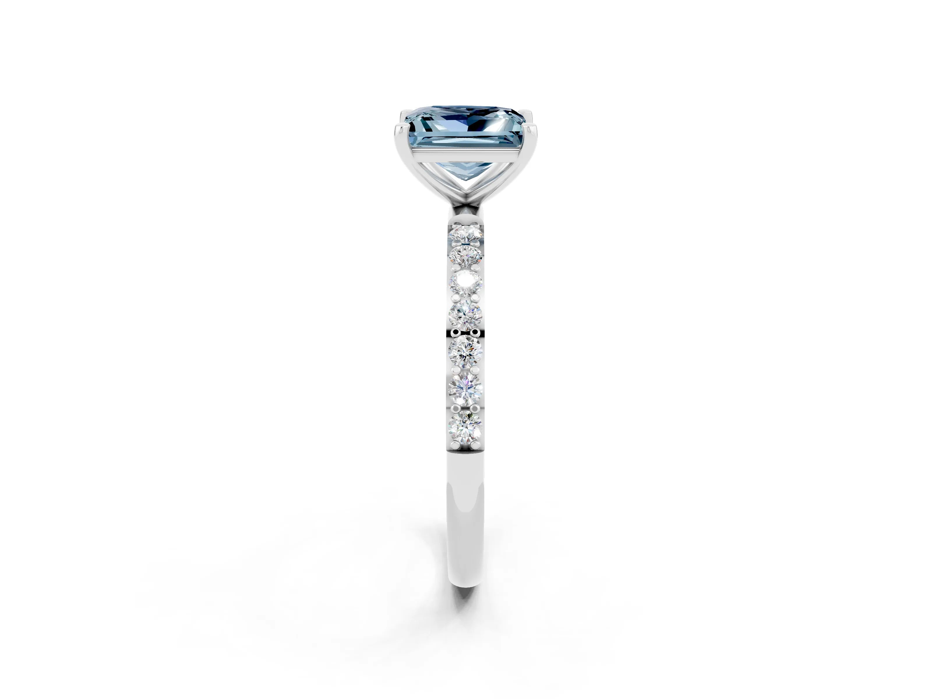 White gold Princess Cut Aquamarine Solitaire Ring with Pave Band and Four Prong Setting_14