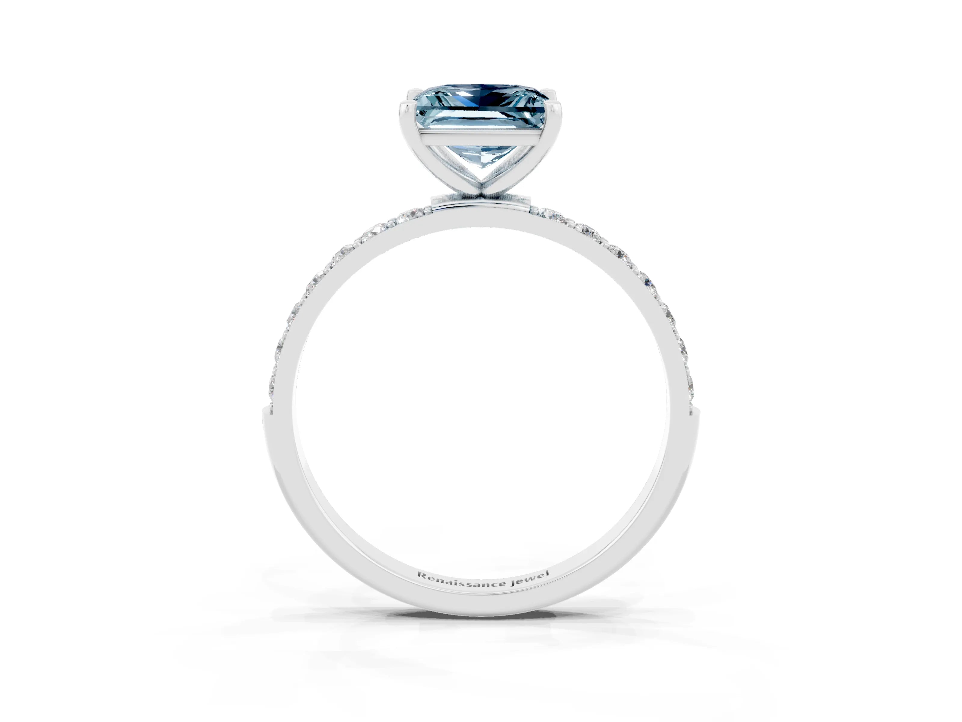 White gold Princess Cut Aquamarine Solitaire Ring with Pave Band and Four Prong Setting_15