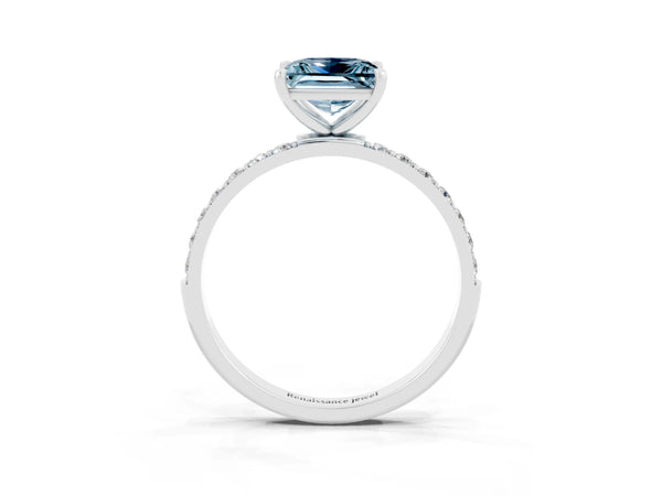 Silver Princess Cut Aquamarine Solitaire Ring with Round  Pavé Band and Prong Setting