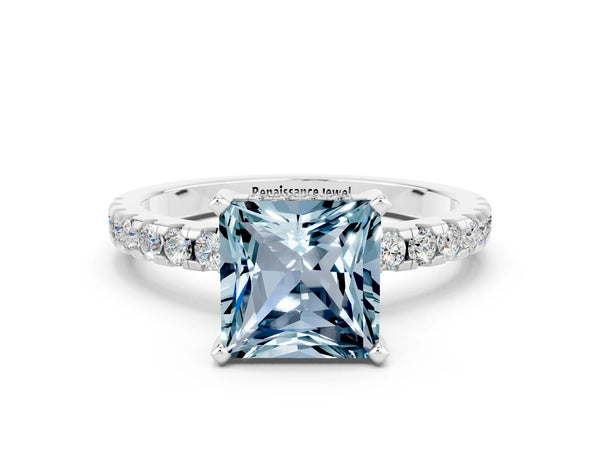 White gold Princess Cut Aquamarine Solitaire Ring with Round Pavé Band and Four-Prong Setting