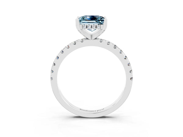 White gold Princess Cut Aquamarine Solitaire Ring with Round Pavé Band and Four-Prong Setting