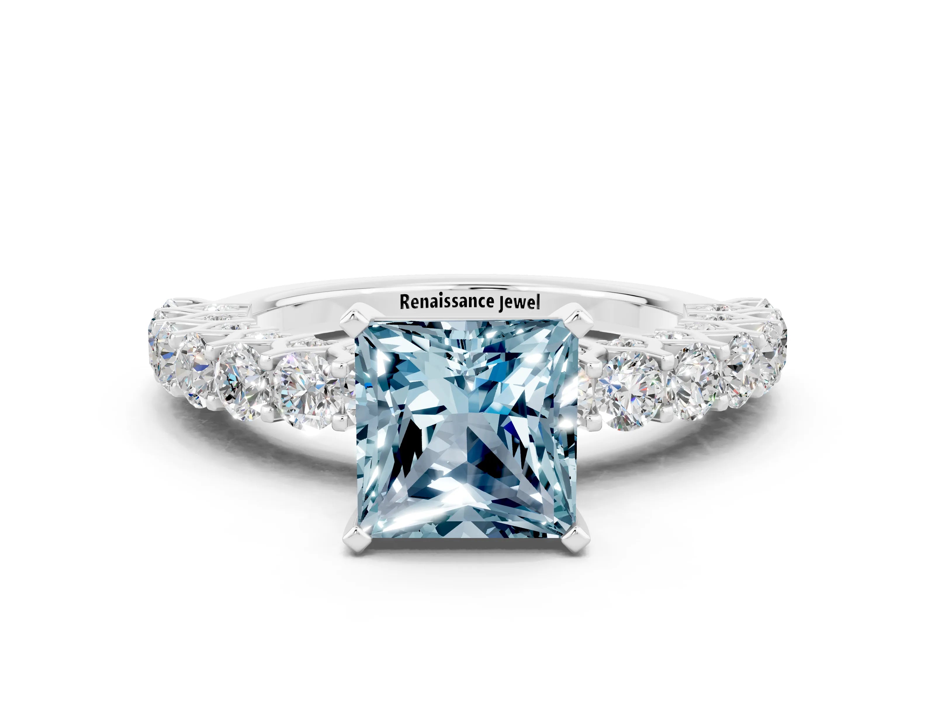 White gold Princess Cut Aquamarine Solitaire Ring with Shared Prong Pavé Band and Four-Prong Setting