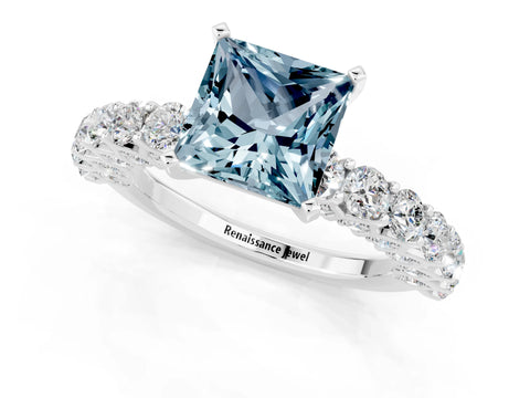 White gold Princess Cut Aquamarine Solitaire Ring with Shared Prong Pavé Band and Four-Prong Setting_1