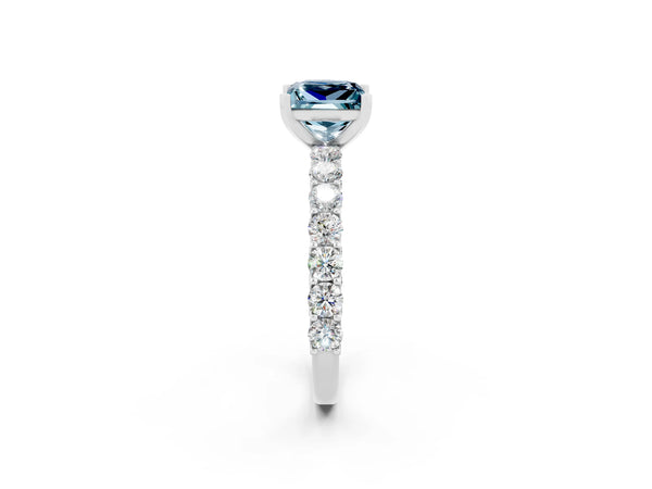 White gold Princess Cut Aquamarine Solitaire Ring with Shared Prong Pavé Band and Four-Prong Setting