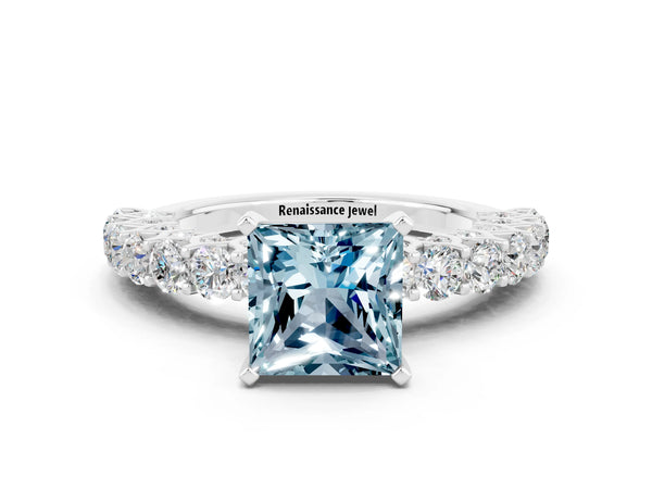 Silver Princess Cut Aquamarine Solitaire Ring with Shared Prong Pavé Band and Four-Prong Setting