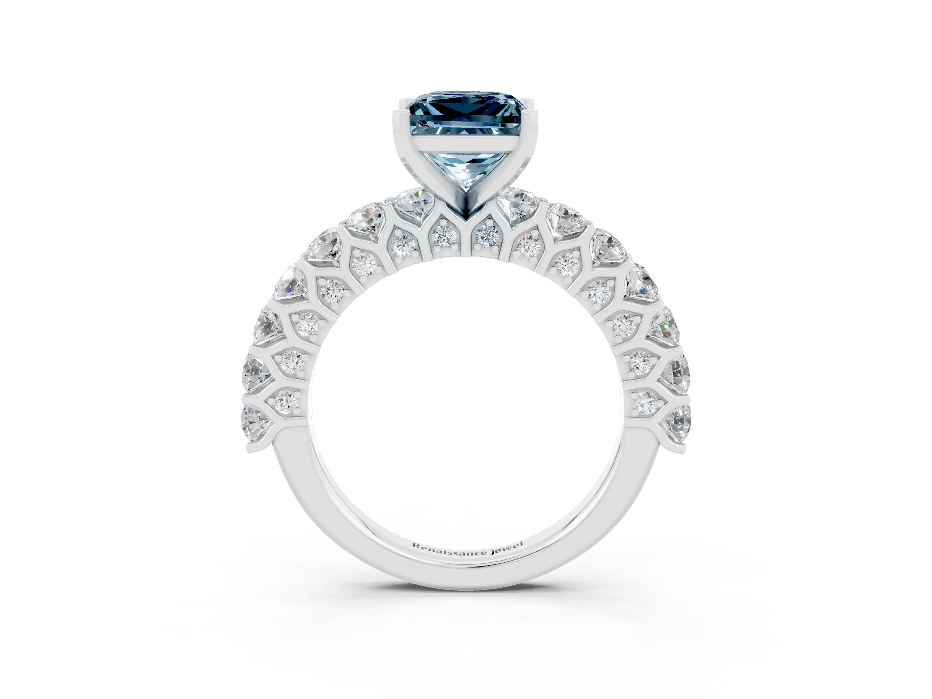White gold Princess Cut Aquamarine Solitaire Ring with Shared Prong Pavé Band and Four-Prong Setting_3