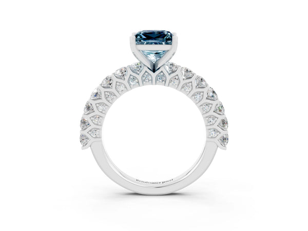 White gold Princess Cut Aquamarine Solitaire Ring with Shared Prong Pavé Band and Four-Prong Setting