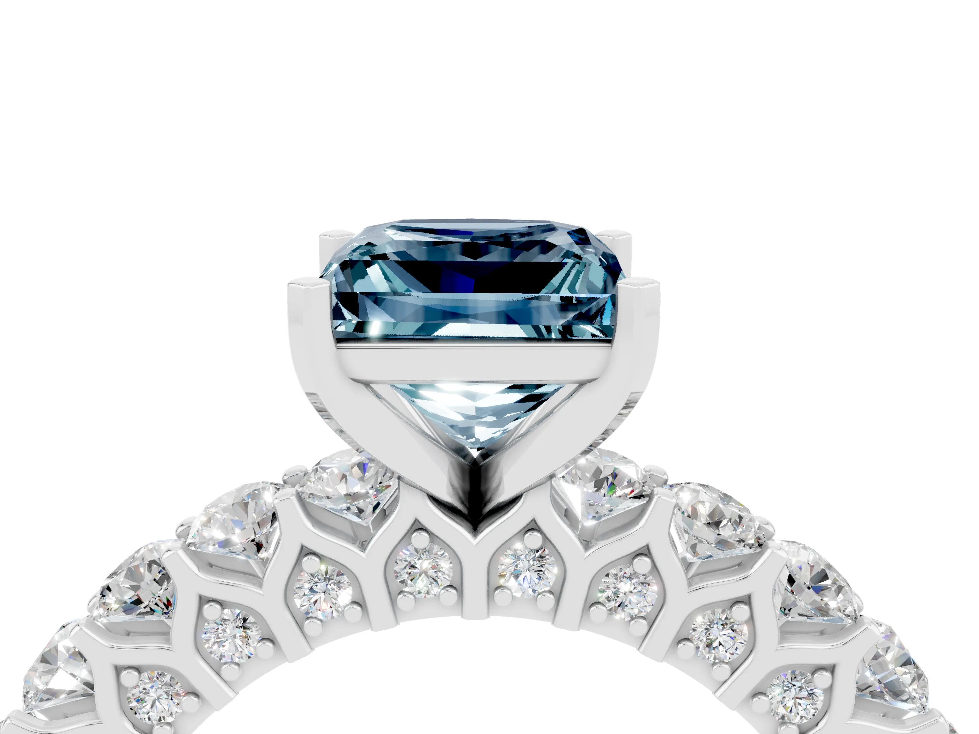 White gold Princess Cut Aquamarine Solitaire Ring with Shared Prong Pavé Band and Four-Prong Setting_4