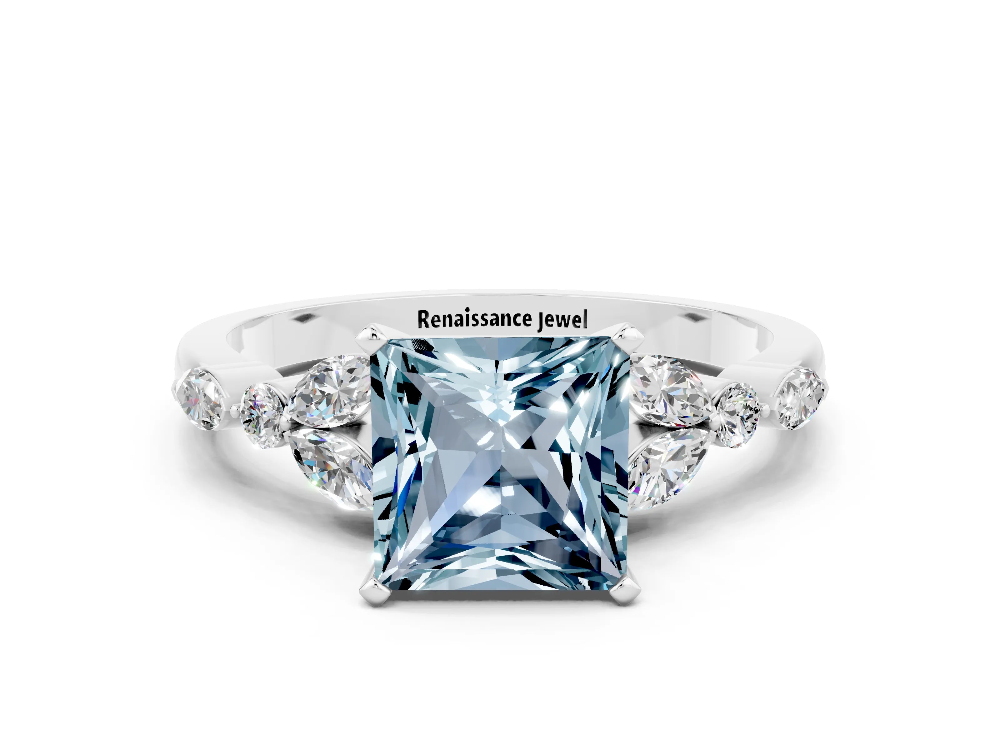 White gold Princess Cut Aquamarine Solitaire Ring with Side Stones and Four-Prong Setting_12