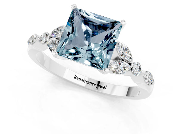 Platinum Princess Cut Aquamarine Solitaire Ring with Side Stones and Four-Prong Setting