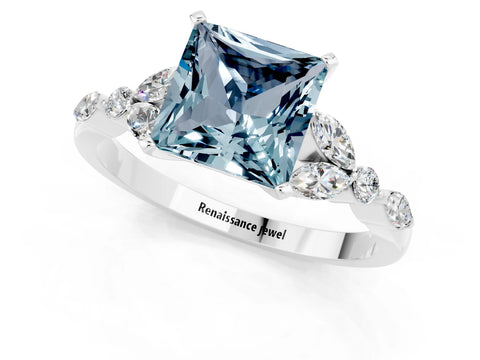 White gold Princess Cut Aquamarine Solitaire Ring with Side Stones and Four-Prong Setting_13