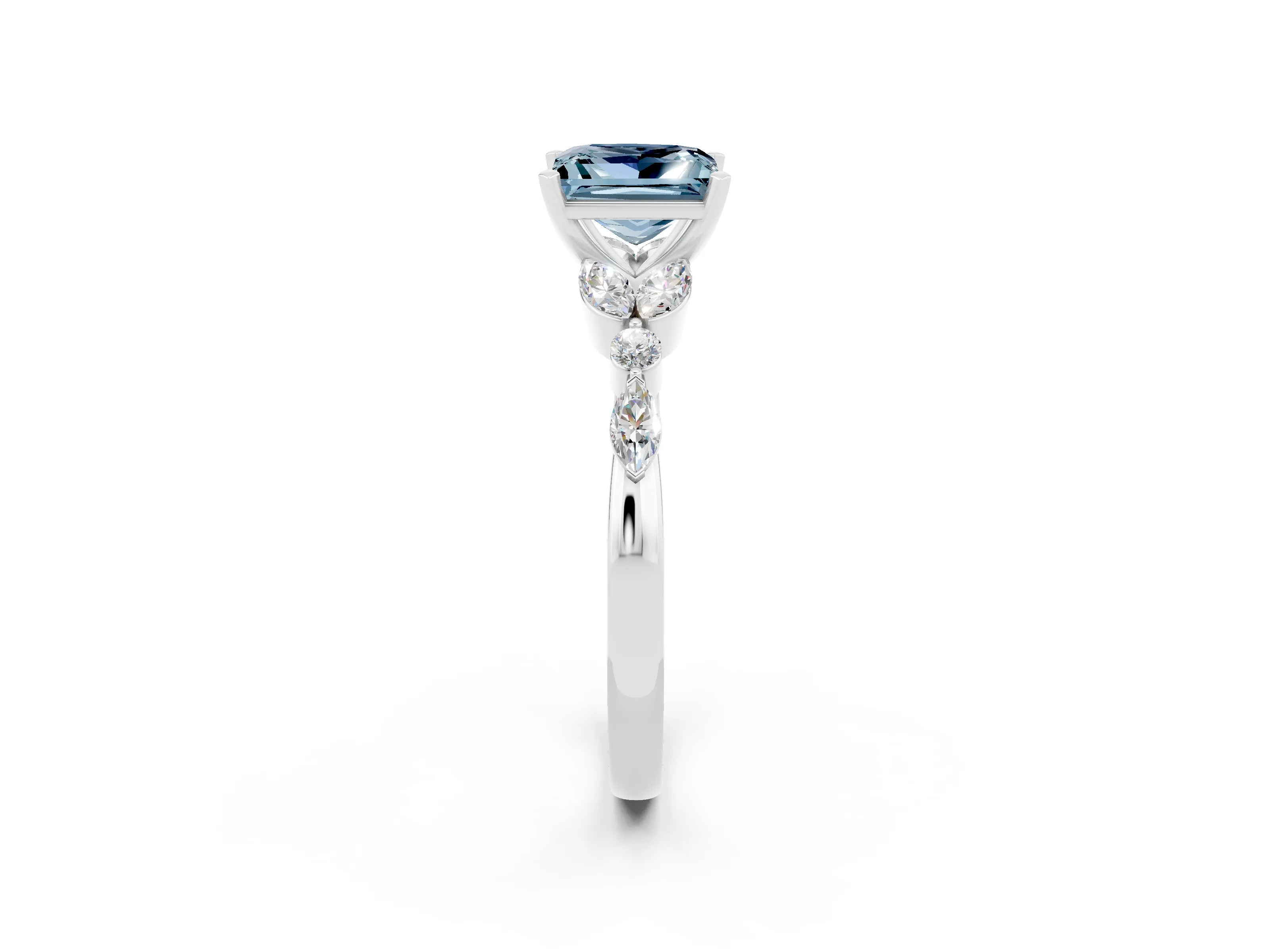 White gold Princess Cut Aquamarine Solitaire Ring with Side Stones and Four-Prong Setting_14