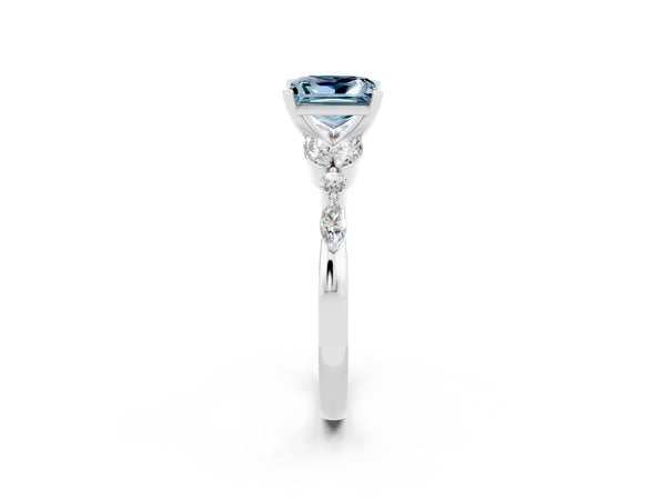 White gold Princess Cut Aquamarine Solitaire Ring with Side Stones and Four-Prong Setting