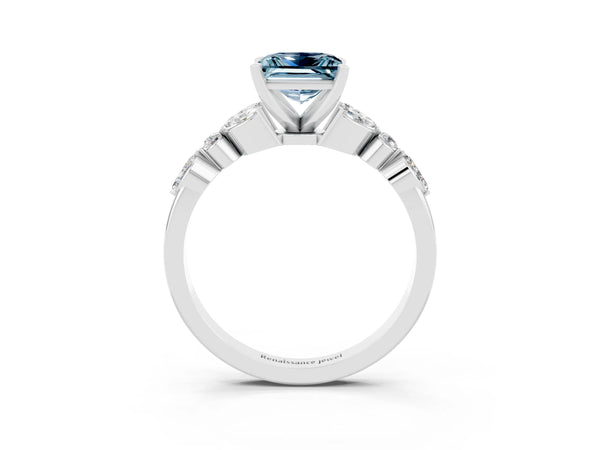 White gold Princess Cut Aquamarine Solitaire Ring with Side Stones and Four-Prong Setting