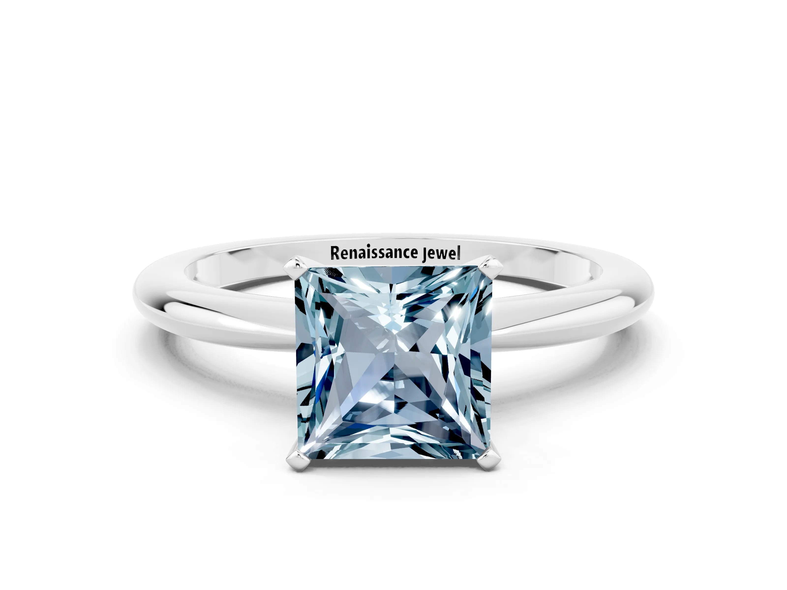 White gold Princess Cut Aquamarine Solitaire Ring with Six-Prong Setting and Classic Band_24