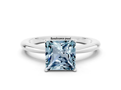 White gold Princess Cut Aquamarine Solitaire Ring with Six-Prong Setting and Classic Band_24