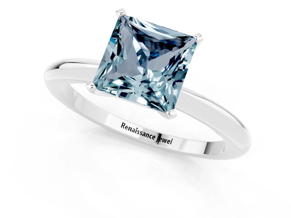 Platinum Princess Cut Aquamarine Solitaire Ring with Six-Prong Setting and Classic Band