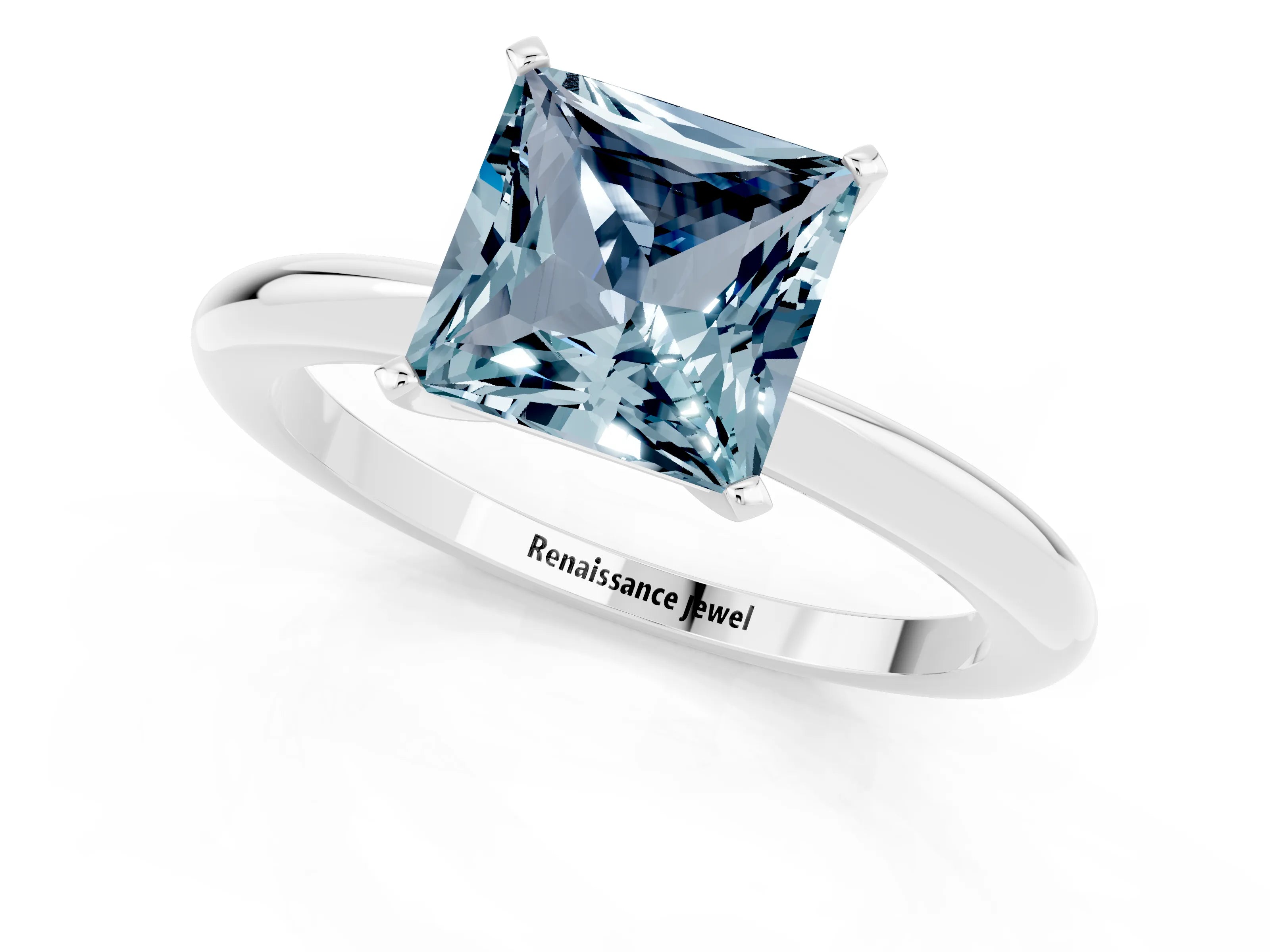 White gold Princess Cut Aquamarine Solitaire Ring with Six-Prong Setting and Classic Band_25