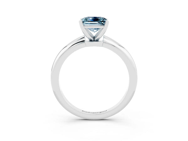 Silver Princess Cut Aquamarine Solitaire Ring with Six-Prong Setting and Classic Band