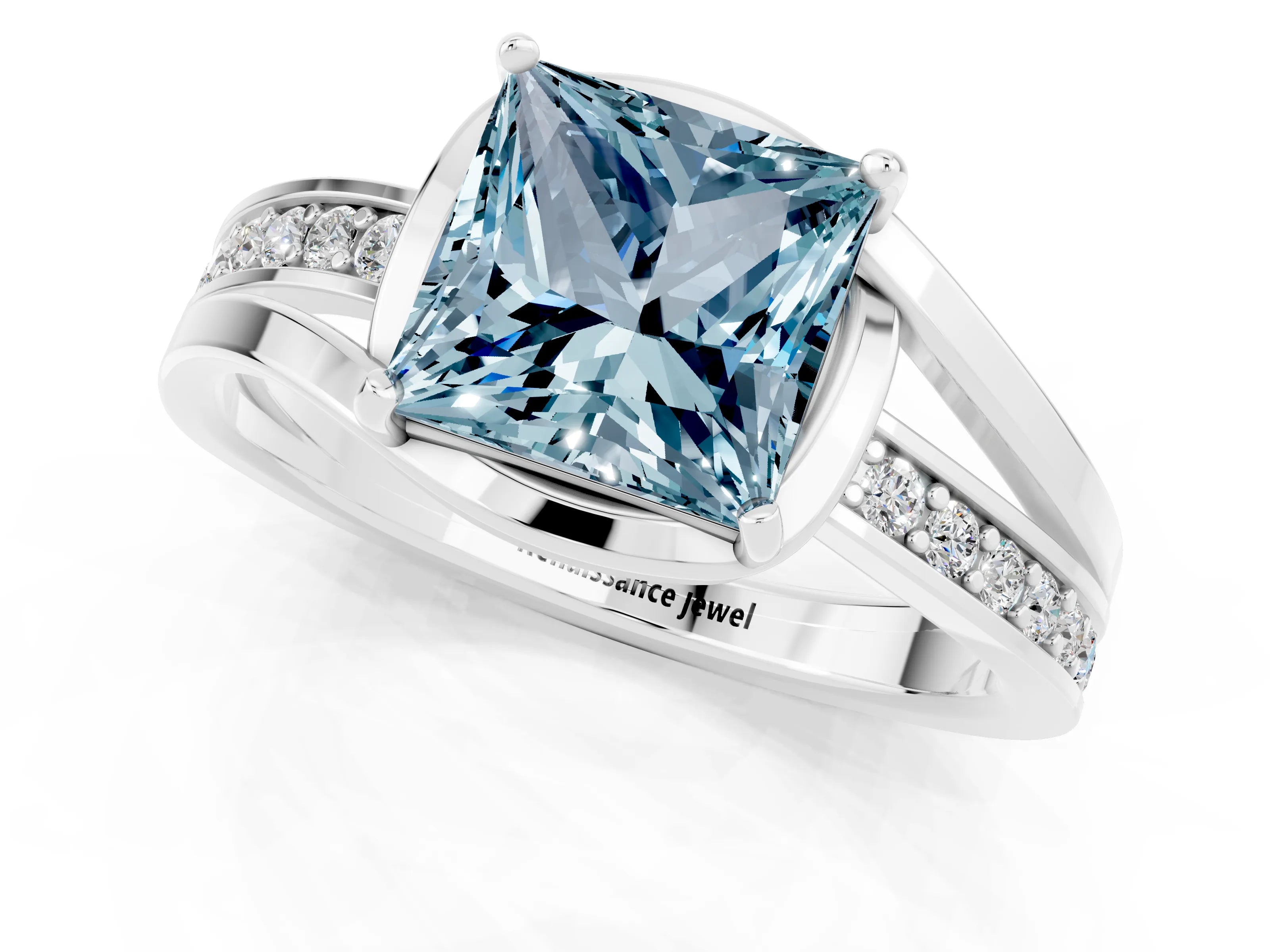White gold Princess Cut Aquamarine Solitaire Ring with Split Shank and Prong Setting_1