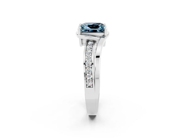 White gold Princess Cut Aquamarine Solitaire Ring with Split Shank and Prong Setting