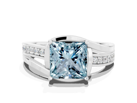 White gold Princess Cut Aquamarine Solitaire Ring with Split Shank and Prong Setting