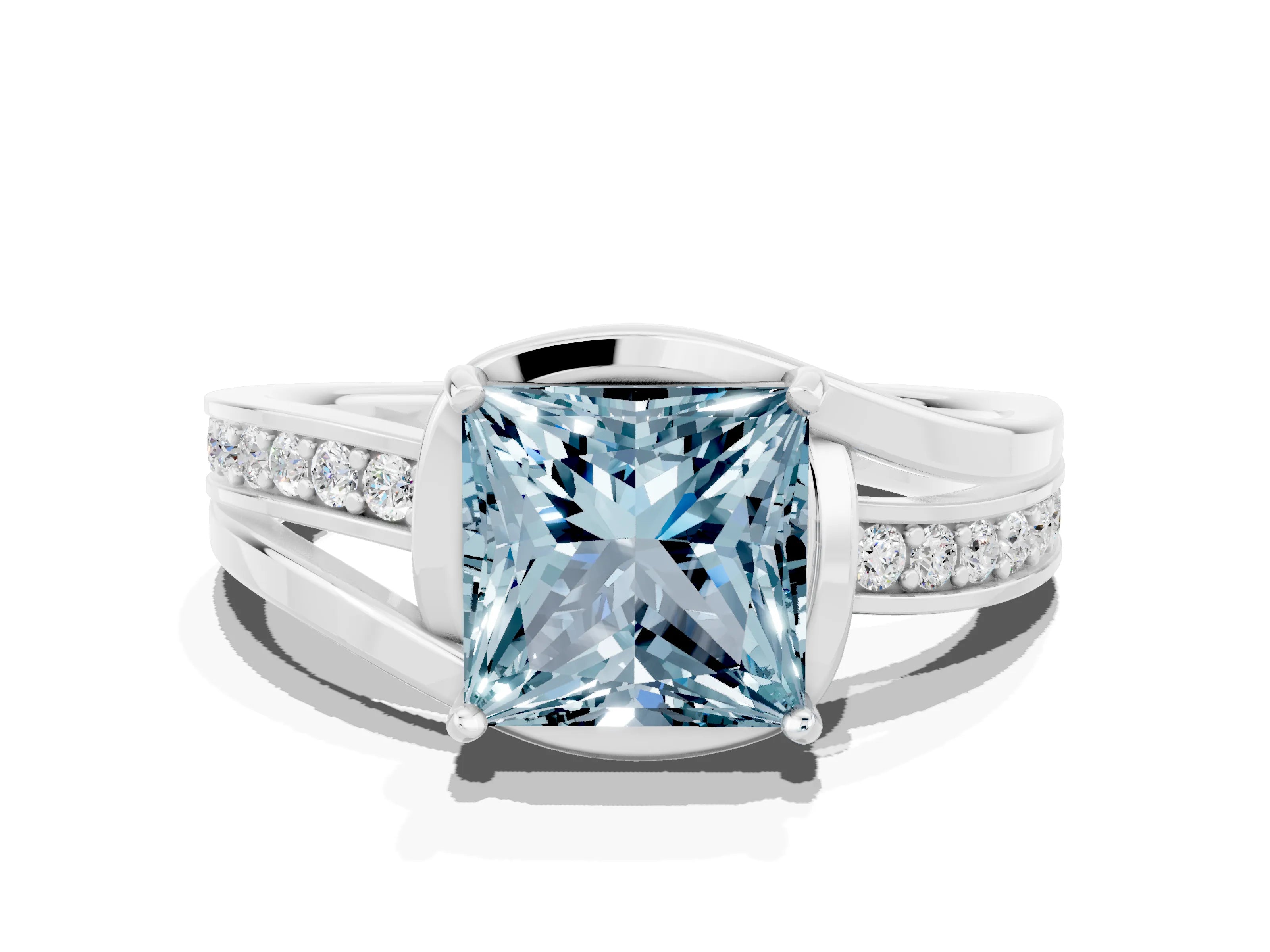 White gold Princess Cut Aquamarine Solitaire Ring with Split Shank and Prong Setting