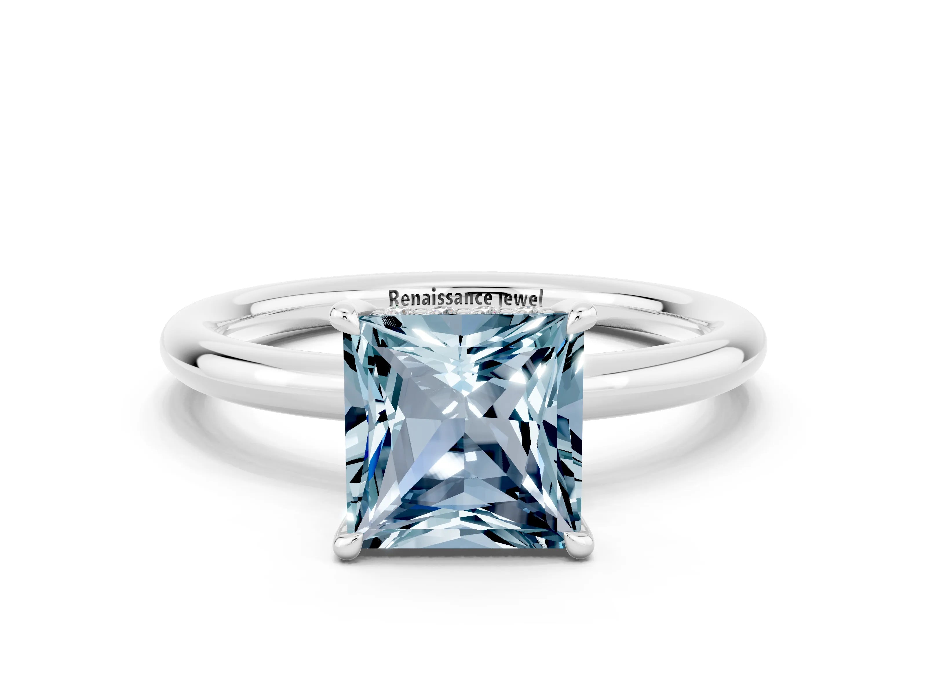 White gold Princess Cut Aquamarine Solitaire Ring with Thin Band and Four-Prong Setting