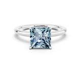 White gold Princess Cut Aquamarine Solitaire Ring with Thin Band and Four-Prong Setting