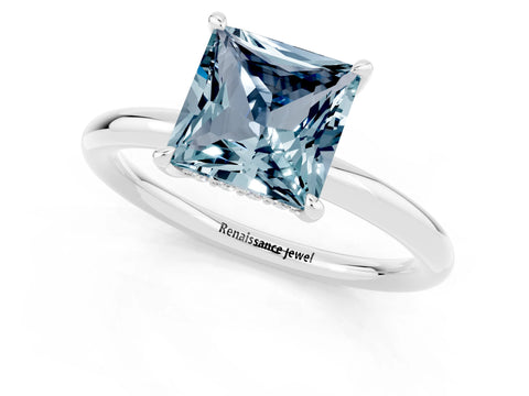 White gold Princess Cut Aquamarine Solitaire Ring with Thin Band and Four-Prong Setting_1